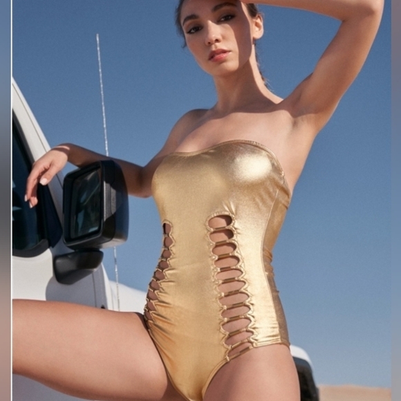 Gold strapless swimsuit sz sm - Picture 3 of 5